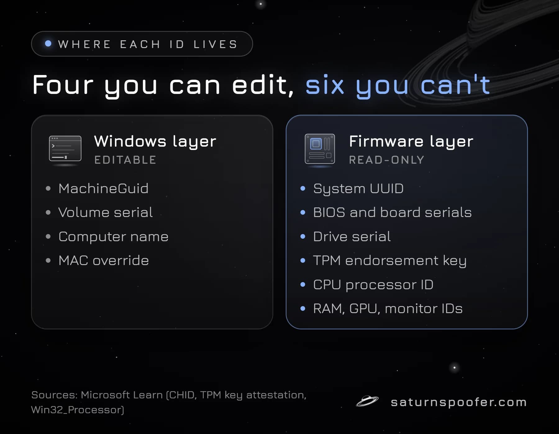 Two-column graphic showing four hardware IDs Windows can edit and six firmware IDs that are read-only from Windows.