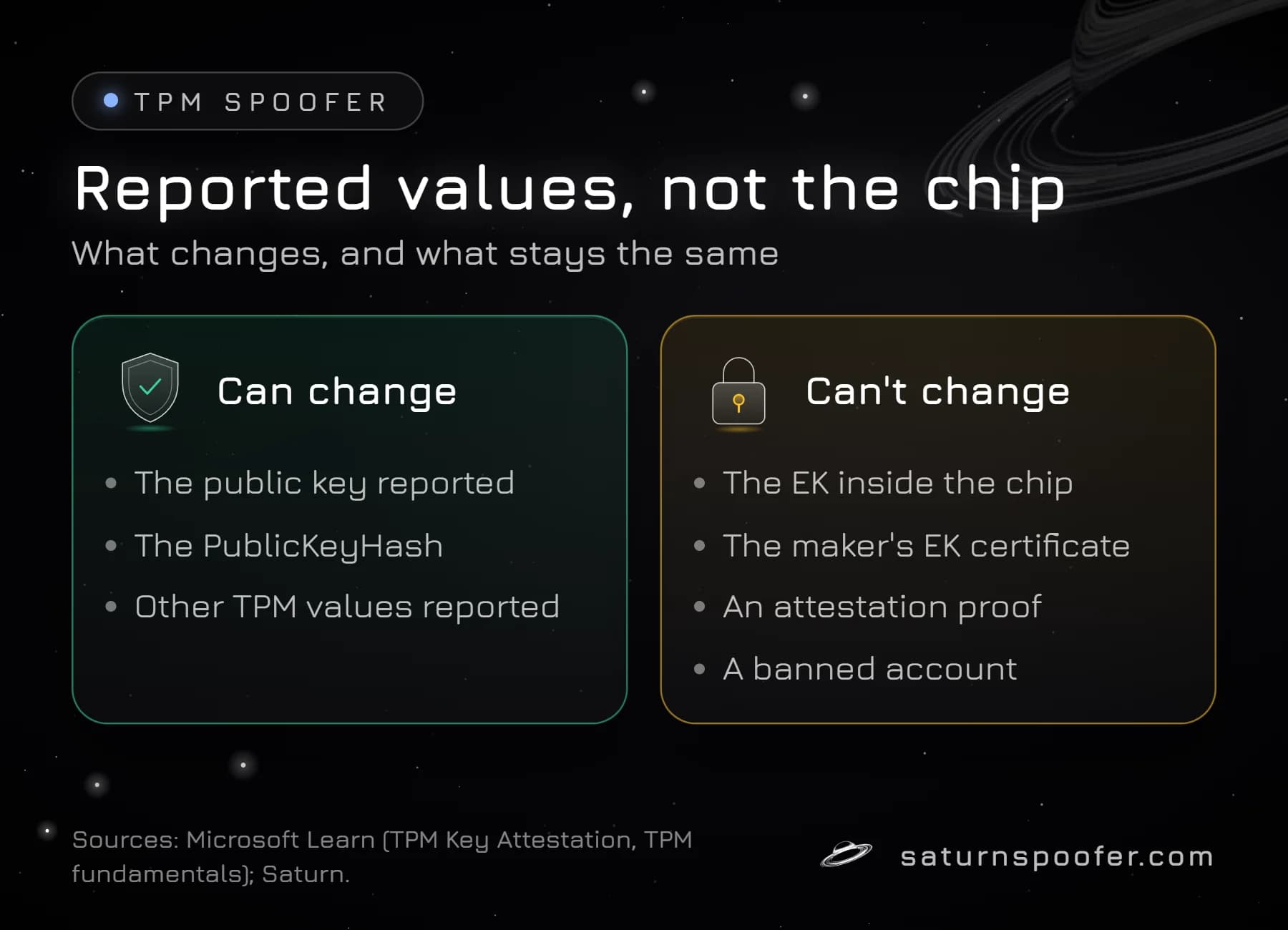 Comparison of what a TPM spoofer can change, the reported public key and TPM values, and what it cannot change: the key inside the chip, its certificate, an attestation proof or a banned account.
