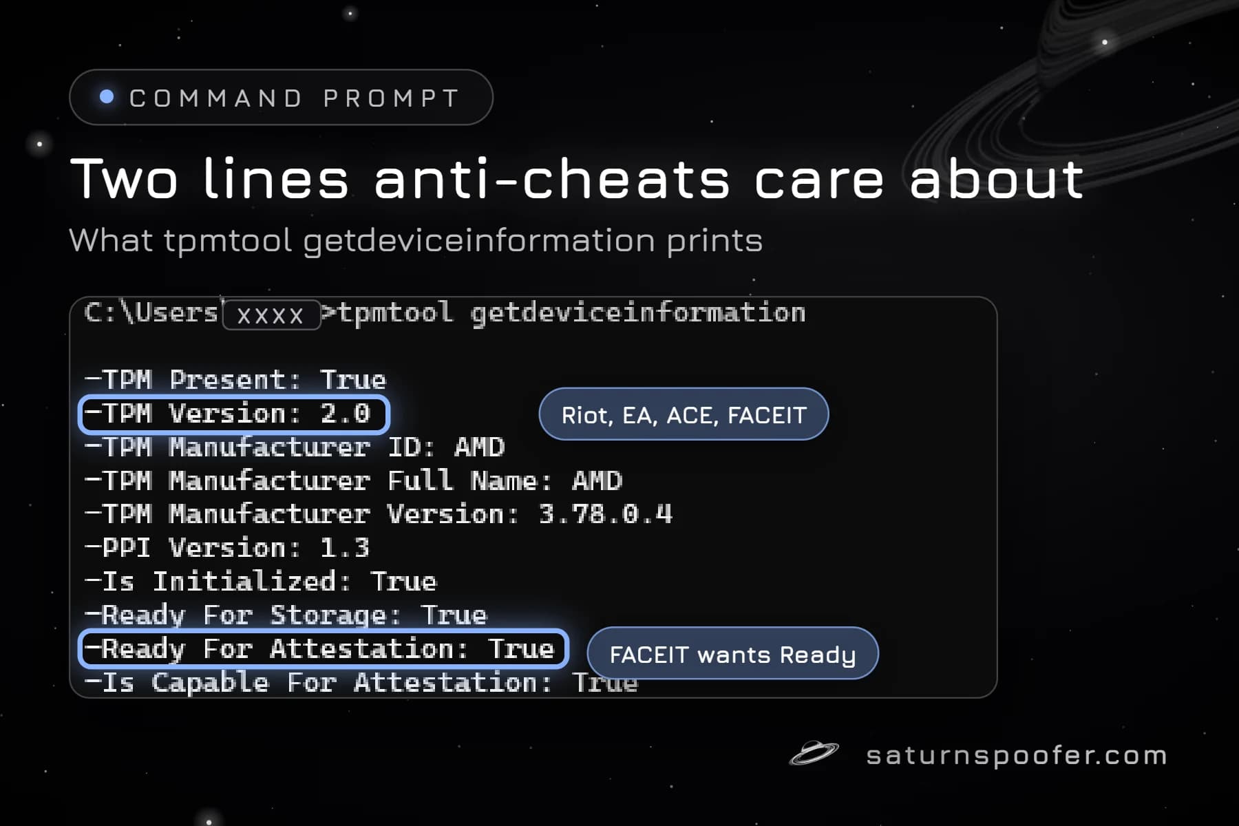 Screenshot of tpmtool getdeviceinformation output with the TPM Version 2.0 and Ready For Attestation lines circled, and the user folder in the command path masked.
