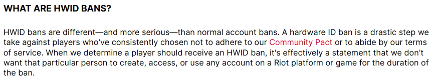 Riot Games Support article explaining what HWID bans are and why they are more serious than account bans