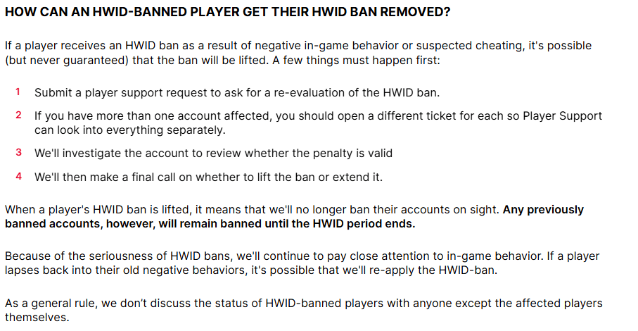Riot Games Support section on how an HWID-banned player can get the ban removed, with its four review steps