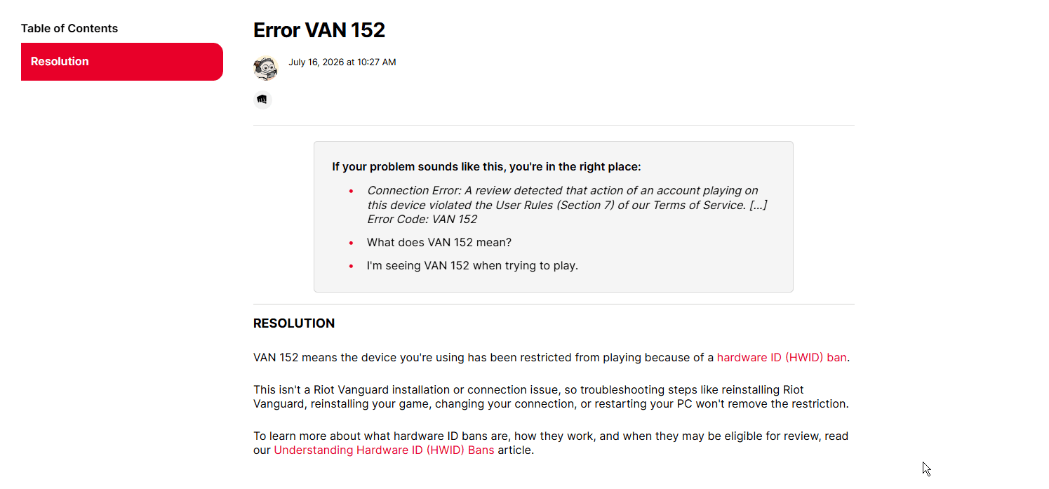 Riot Support's Error VAN 152 article saying the device is restricted because of a hardware ID (HWID) ban