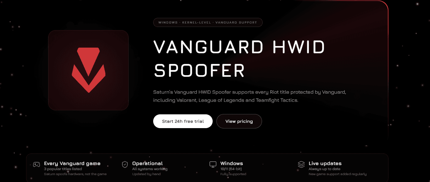 Saturn's Vanguard HWID Spoofer page, covering Valorant, League of Legends and Teamfight Tactics