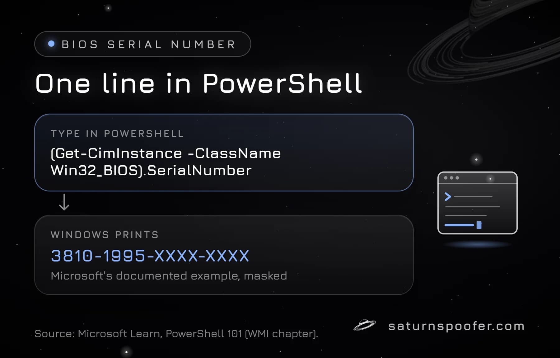 Design card showing the PowerShell command (Get-CimInstance -ClassName Win32_BIOS).SerialNumber and Microsoft's documented example output, masked.