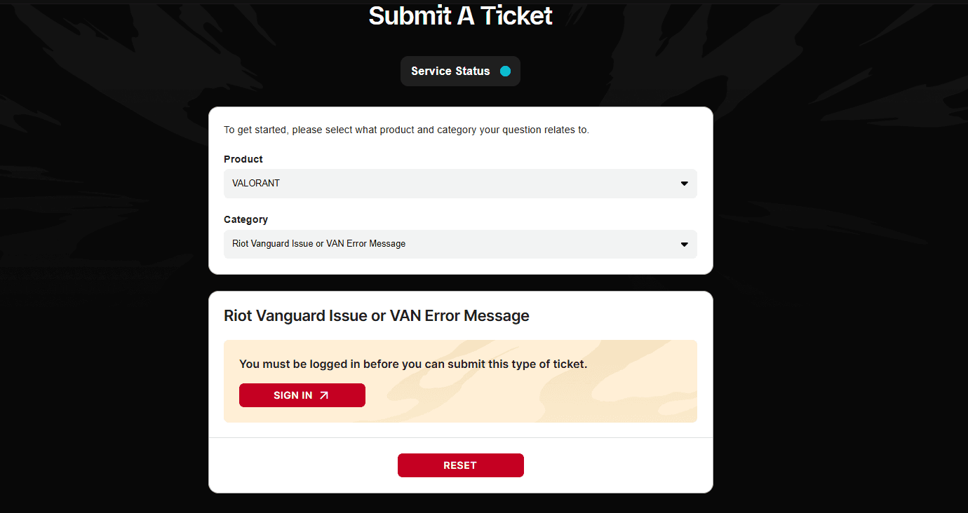 Riot Support's Submit a Ticket form with VALORANT selected as the product