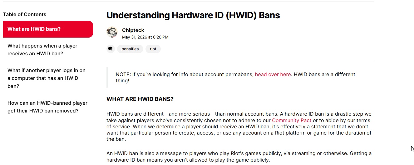 Riot Games Support page Understanding Hardware ID (HWID) Bans, updated May 31, 2026