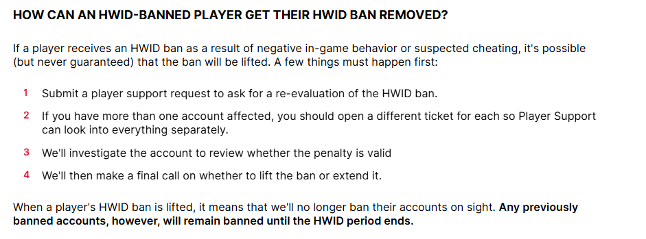 Riot Games Support steps for getting an HWID ban re-evaluated