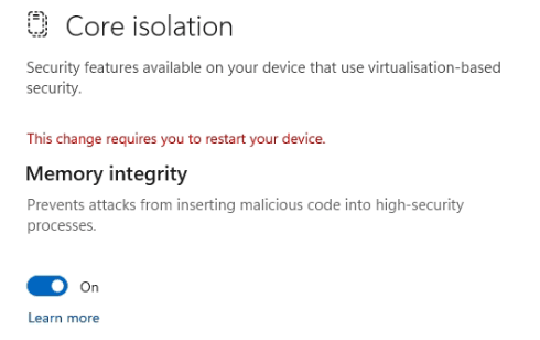 Enabling Memory Integrity in Core Isolation settings